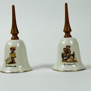 Vintage M.J. Hummel Porcelain & Wood Bells Goose Girl & Eventide Set of 2